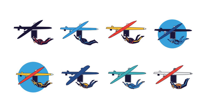 Set of Skydiver and Airplane Vector Icons for Extreme Sports Design