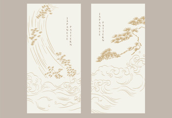 Fototapeta premium Bonsai tree with cran birds and hand drawn wave elements. Geometric pattern in vintage style. Japanese background with wave , bamboo leaf, bonsai tree. Asian traditional icon vector.