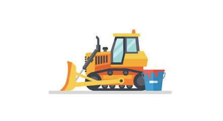 A yellow industrial bulldozer sits next to a blue paint bucket with red dripping paint in a clean, flat vector illustration style. © Ohim