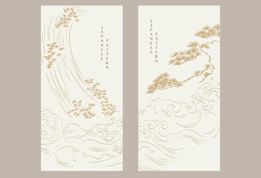 Bonsai tree with cran birds and hand drawn wave elements. Geometric pattern in vintage style. Japanese background with wave , bamboo leaf, bonsai tree. Asian traditional icon vector.
