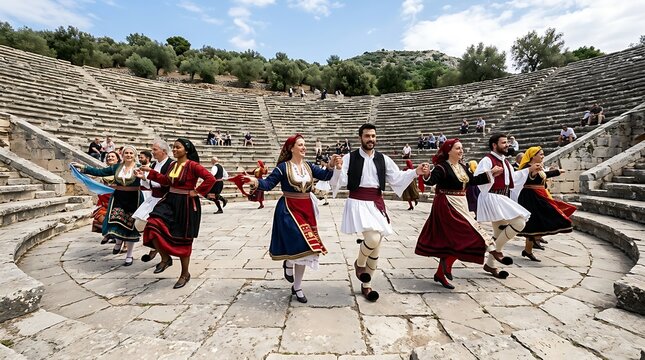 Traditional greek folk dancers performing in an ancient amphitheater