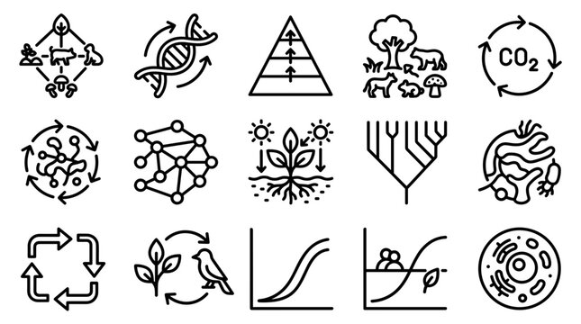 Ecology Icons: Ecosystems, Evolution, Cycles, and Biology Concepts