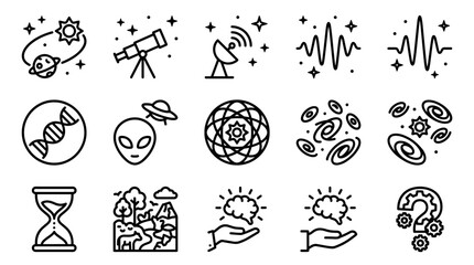 Astronomy, Science, and Innovation Icons: Space, DNA, Brain, Alien, Time, Nature ©  yakjuj makjuj