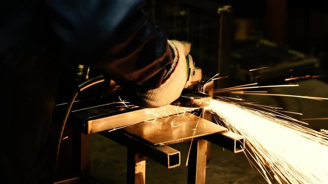 An angle grinder removes excess material from a fabricated steel component with precision sparks in an industrial workshop environment designed for professional metal fabrication tasks.