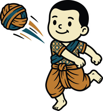 Cute Boy in Traditional Khmer Clothing Playing Rattan Ball Cartoon Vector