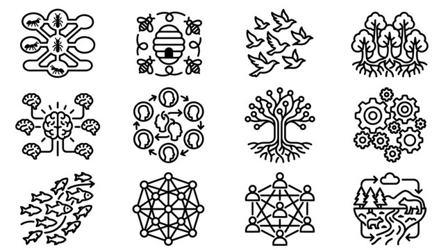 Teamwork and Collaboration Icons: Ants, Bees, Birds, Brain, People Network, Tree of Life