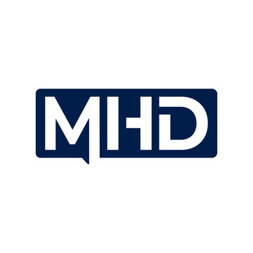 Logotype featuring the letters MHD in a bold dark blue rectangular speech bubble design element.