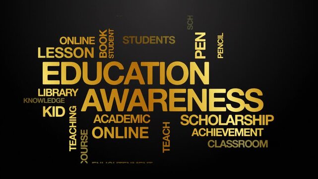Education awareness concept Animated Tag Word Cloud kinetic typography, Text Design Animation typography seamless loop video motion graphics Intro Wordart arrangement golden type on black background b