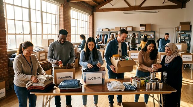 Diverse volunteers sorting donations in a community center warehouse