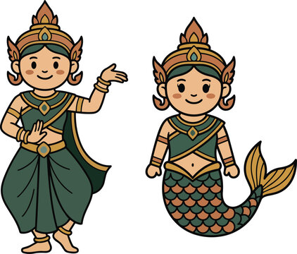 Cute Traditional Southeast Asian Apsara Dancer and Neang Macha Mermaid Mascot Vector Art