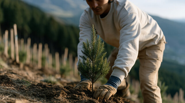 young reforestation worker pressing a native seedling into volcanic hillside soil above a deforested valley, protective gloves, rows of planted stakes stretching behind,