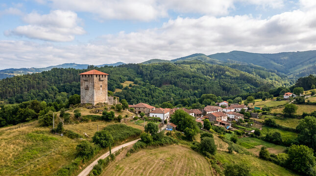 Paisaje rural con torres de arquitectura tradicional entre frondosos &aacute;rboles y un bosque de fondo, capturado con luz suave y atm&oacute;sfera natural en un entorno tranquilo.