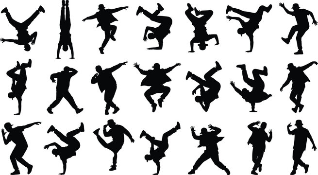 Breakdance Dance Silhouette Collection with Hip Hop Dancer Poses Vector Set