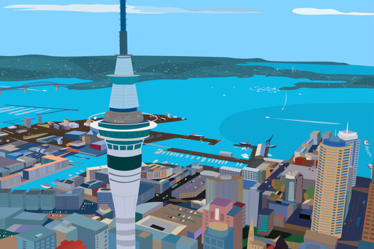 Auckland city skyline flat vector illustration featuring Sky Tower, Harbour Bridge and Waitemata harbor cityscape