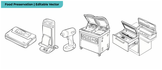 Vacuum Sealer Machine Vector Icons of food preservation equipment set for commercial kitchen and home use, featuring chamber sealers, handheld pumps, drawer built-in appliances, and packaging devices. © Dinali