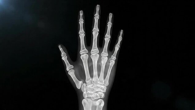 Radiographic image of a human hand skeleton showing bones and joints against a dark background