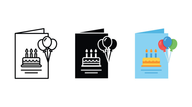 Set of birthday greeting card icons with cake and balloons in outline solid and flat style Vector