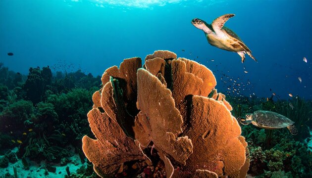 Sea turtle swimming near coral reef underwater scene.