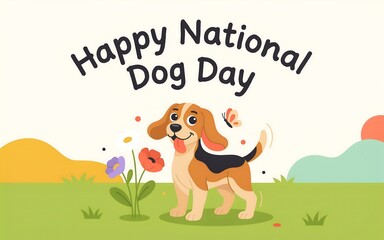 Fototapeta premium Happy National Dog Day greeting card design with cute beagle puppy in garden landscape and colorful floral decoration