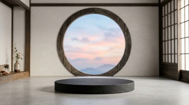 Black circular podium in minimalist Japanese style room with large round window showing mountain