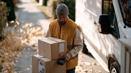 Fototapeta premium Delivery driver in reflective vest unloads stacked parcels from a cargo van parked on a narrow suburban street, autumn leaves blowing across the pavement, handheld scanner in