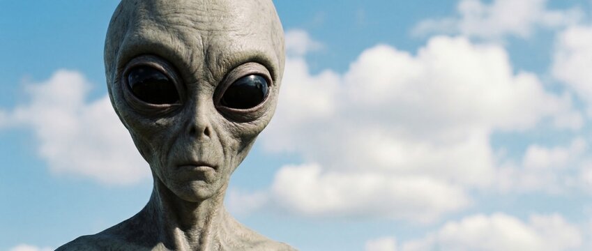 An extraterrestrial alien, a humanoid creature with large, dark eyes and grey skin, stands against a backdrop of a cloudy blue sky, hinting at a mysterious cosmic encounter.