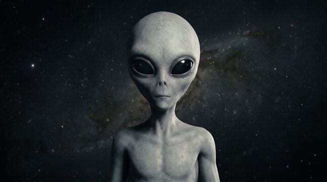 An eerie alien figure with large, dark eyes stands against a backdrop of stars and nebulae, evoking a sense of cosmic mystery and the unknown.