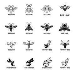Fototapeta premium Bee and Hornet Line Art and Silhouette Icons Set - Vector Logo Collection
