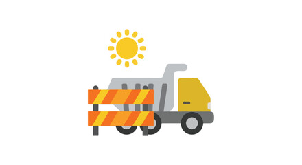 Naklejka premium An illustration of a yellow construction truck parked behind a striped safety barricade under a bright shining sun on a white background.