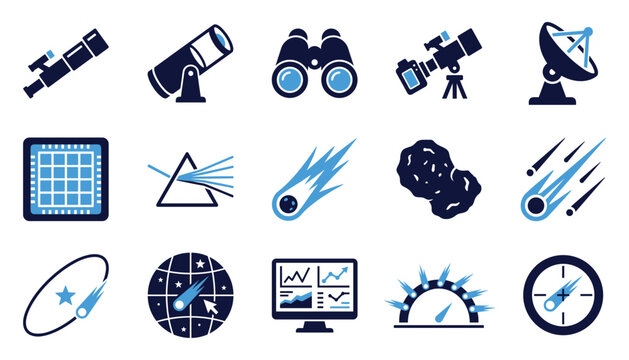 Astronomy and celestial body icon set featuring telescopes planets meteors and observatory.