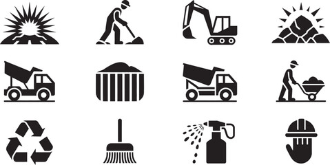 Mining industry and construction icon set, solid glyph vector collection featuring heavy machinery, excavators, dump trucks, miners, explosions, waste recycling, helmets, and industrial equipment idea © Dalim