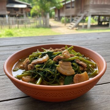 Northern Thai traditional fern curry with local herbs, authentic healthy vegetable dish known as Kaeng Pak Kud.