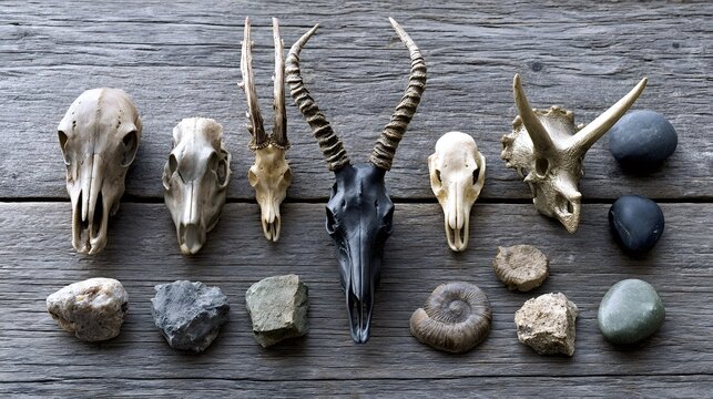 Diverse collection of animal skulls, deer antlers, an ancient triceratops fossil replica, an ammonite fossil, and various natural stones arranged on a textured wooden background