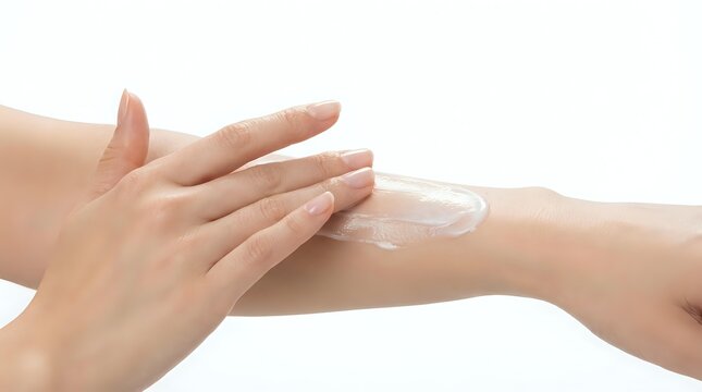 Woman applying moisturizing cream or lotion on arm skin against white background. Skincare, cosmetics, beauty treatment, dermatology concept for commercial use.