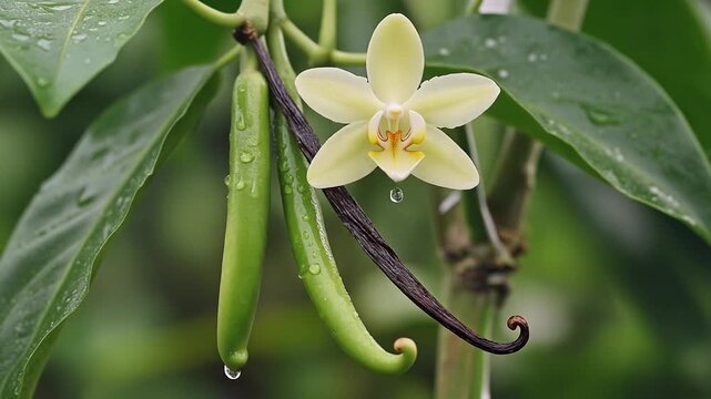 A close-up view of a vanilla flower and green pods on a plant with leaves in a natural setting.