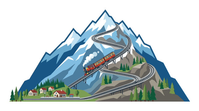 Mountain Mountain road, train tracks, scenic landscape, transportation vector isolated on White Background Vactor Eps