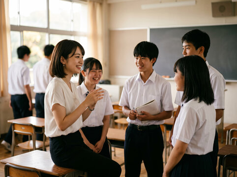 教室内で生徒たちに囲まれ楽しそうにジェスチャーを交えて話す女性教師