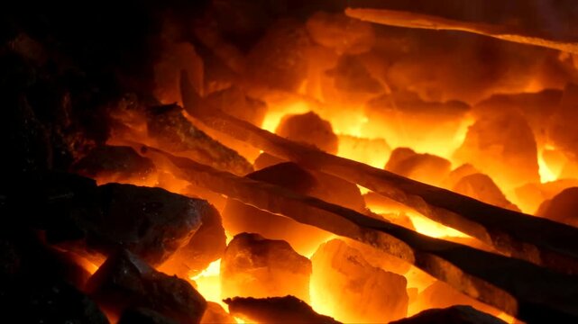 The intense heating of metal components within a coal fueled furnace forge for industrial fabrication and blacksmithing work tasks in a controlled and heated production environment