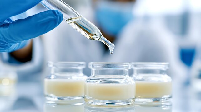 Scientist wearing blue lab gloves dropping a clear liquid from a glass dropper into small jars of cosmetic cream or lotion during research and development in a modern laboratory