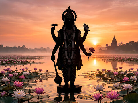 Lord Vishnu Silhouette Standing by Ocean with Divine Aura, Preserver of the Universe