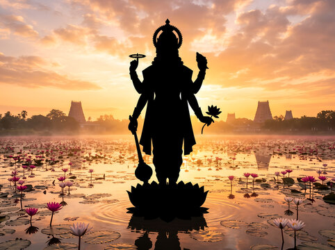 Lord Vishnu Silhouette Standing by Ocean with Divine Aura, Preserver of the Universe