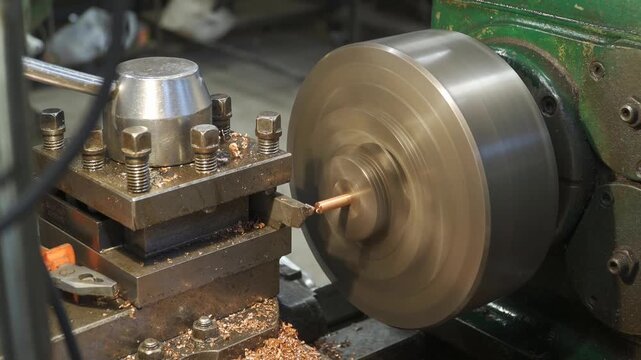 Industrial metal lathe machinery utilizes a rotating chuck to hold and shape cylindrical brass rod components with cutting tools to produce precise metallic parts for various manufacturing projects.