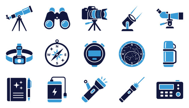 Stargazing and astronomy equipment flat icons set including telescope binoculars and compass.