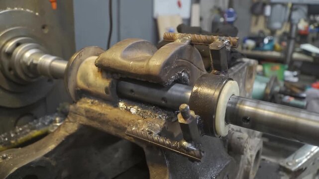 The metal shaft maintains a consistent rotational speed within a customized industrial lathe support fixture while metallic shavings accumulate around the housing mechanism during machine operation.