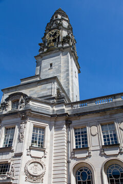 The tower of Cardiff City Hall, in the Civic Centre of the Welsh capital, UK