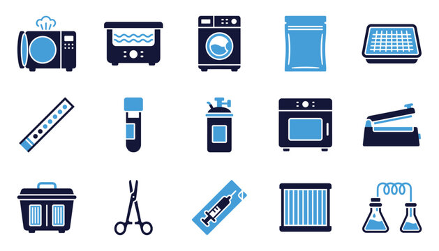 Set of laboratory medical instruments and dental sterilization equipment for health care.