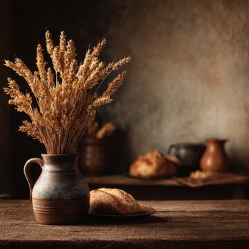 Rustic Wheat Arrangement Ceramic Jug Artisan Bread Warm Country Kitchen Interior