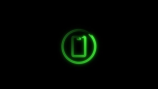 Green neon smart-phone mobile phone icon glowing and pulsing loop animation. Ideal for cellular communication, online app, digital connection, and device technology interfaces.