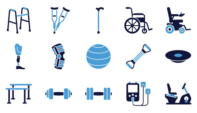Mobility aid and physical therapy equipment collection for patient support and recovery.