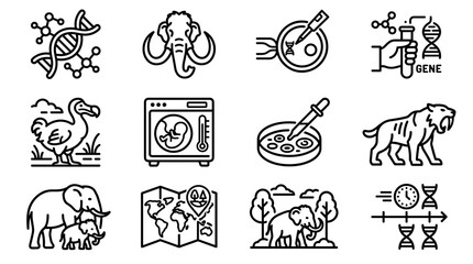 Extinct Animals & Genetic Science Icons: Mammoth, Dodo, Saber-tooth, DNA, Lab © Anam